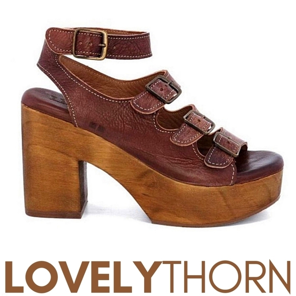 BED STU // ltd ed jordyn leather strappy buckle wooden platform block heels